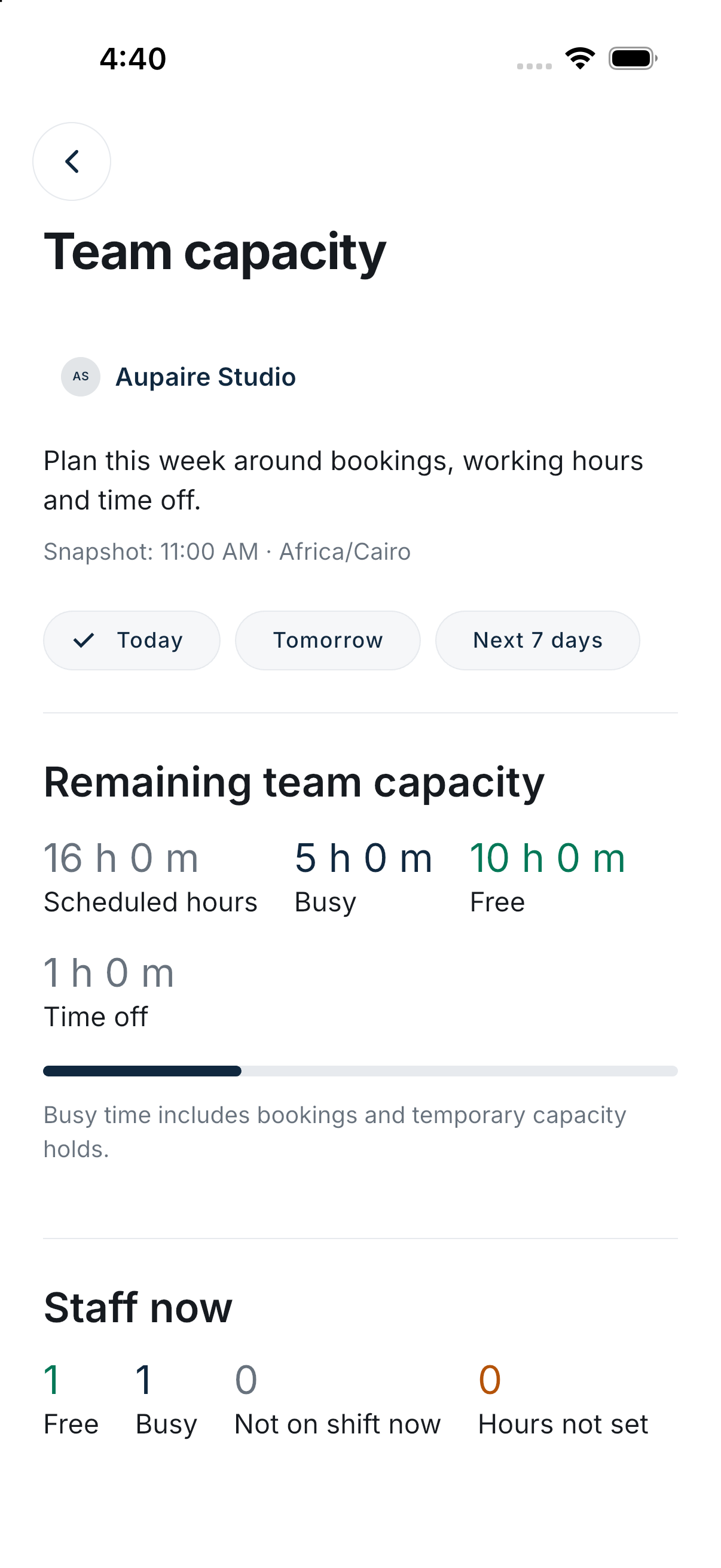 Actual Aupaire pro app interface with sample data