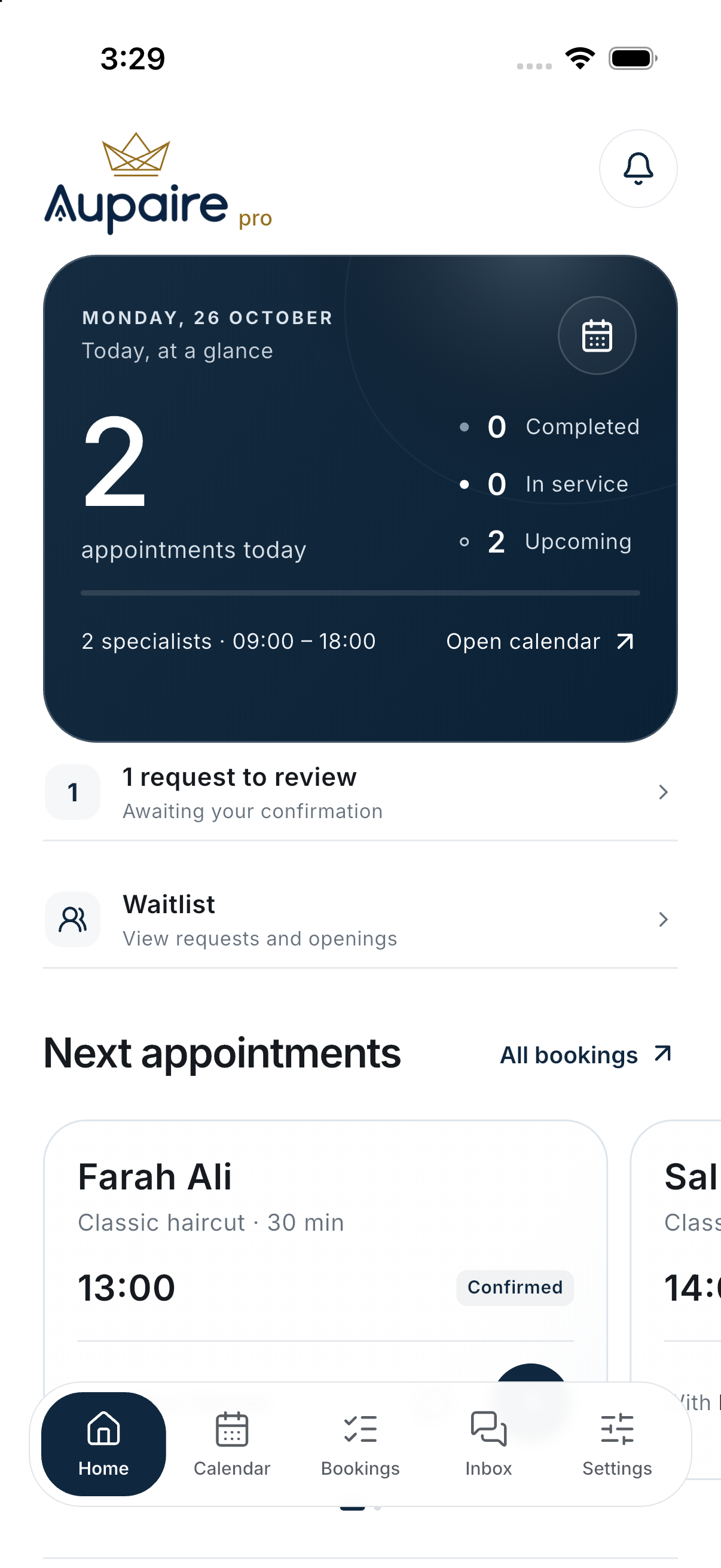 Actual Aupaire pro app interface with sample data